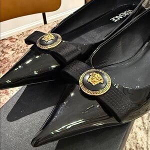 Versace Black Patent Heels with Gold Medallion